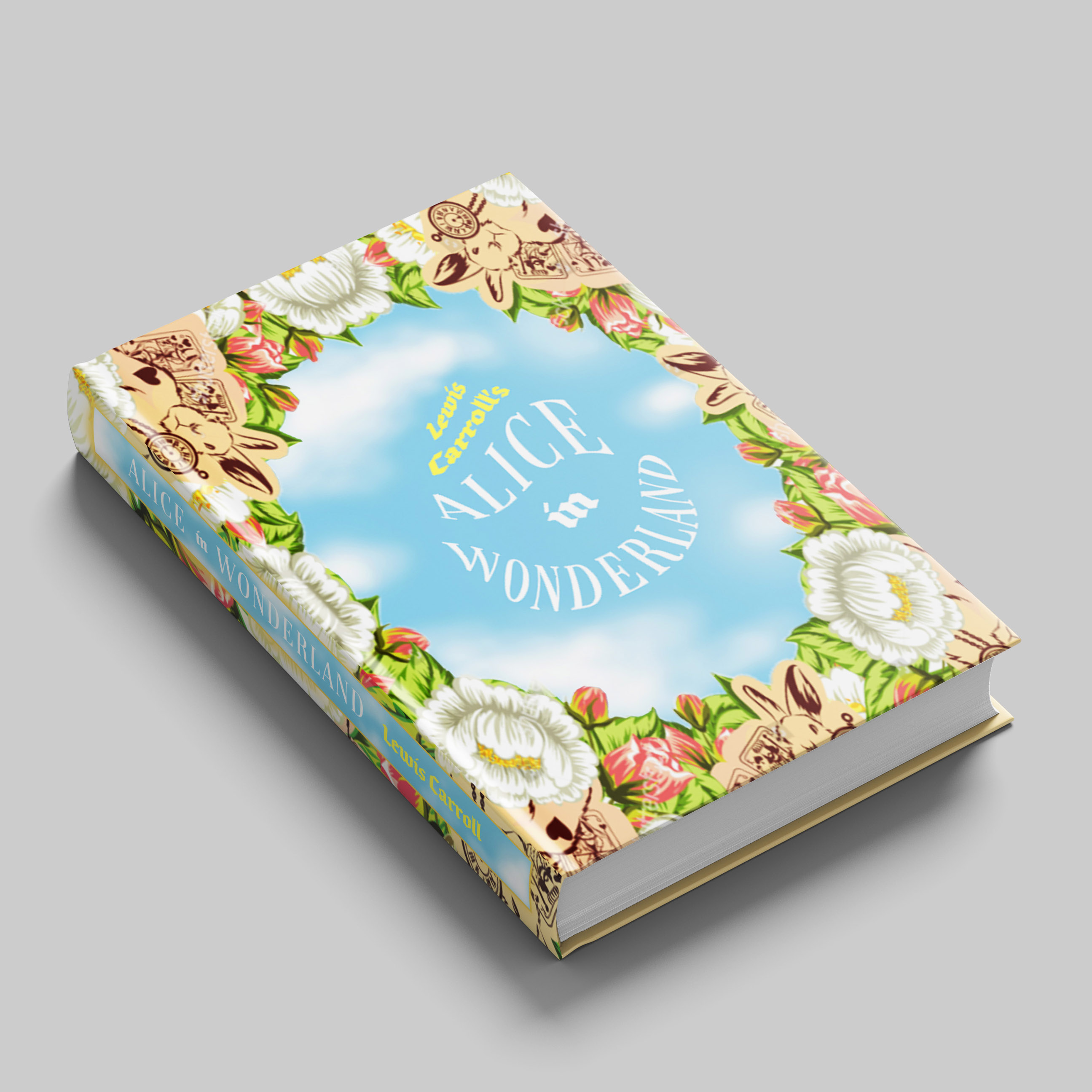 Book cover for 'Alice in Wonderland'. The cover design includes a floral border with a background of a blue sky with white, wispy clouds.