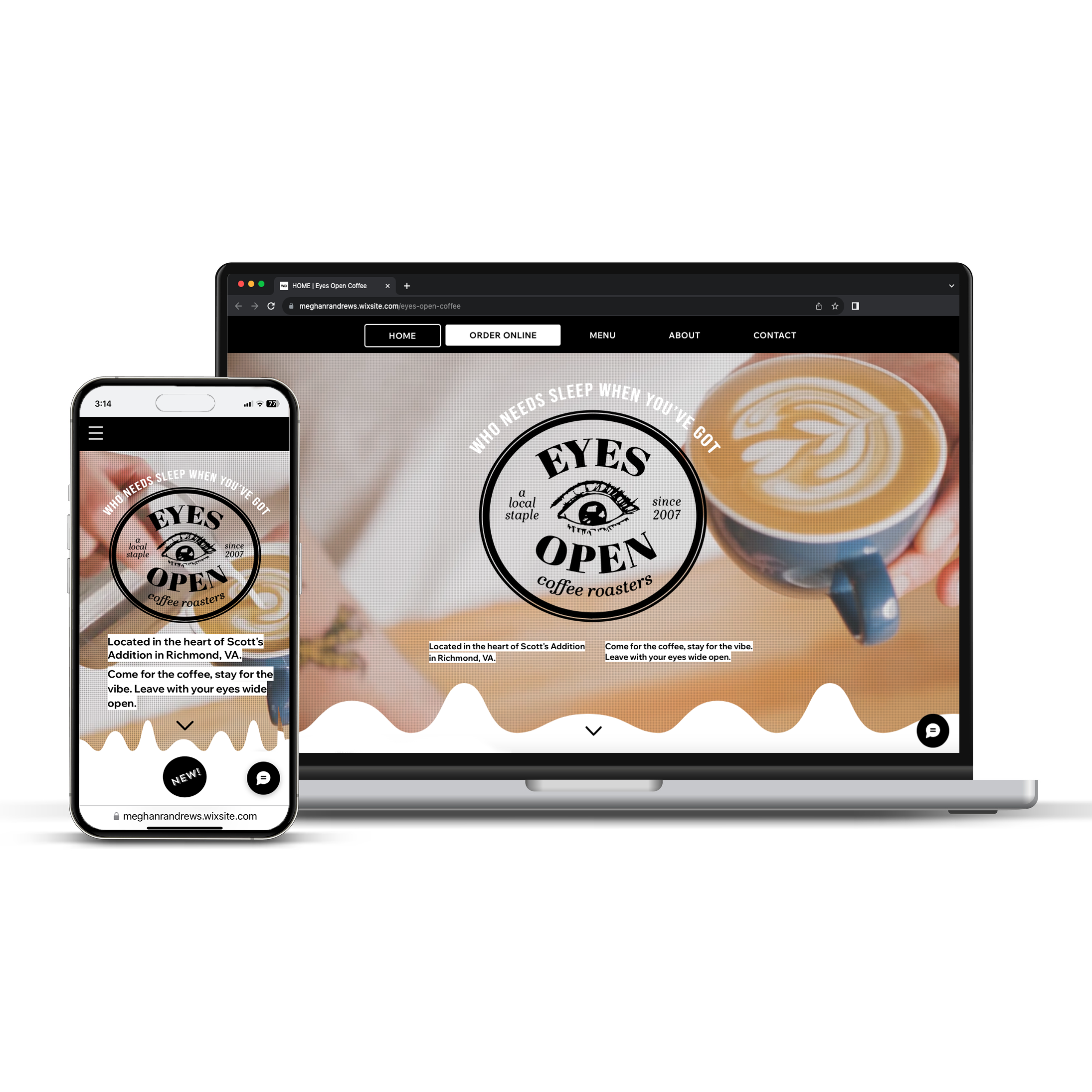 A landing page displayed on a laptop and mobile phone. Text reads 'Who needs sleep when you have Eyes Open Coffee Roasters'.