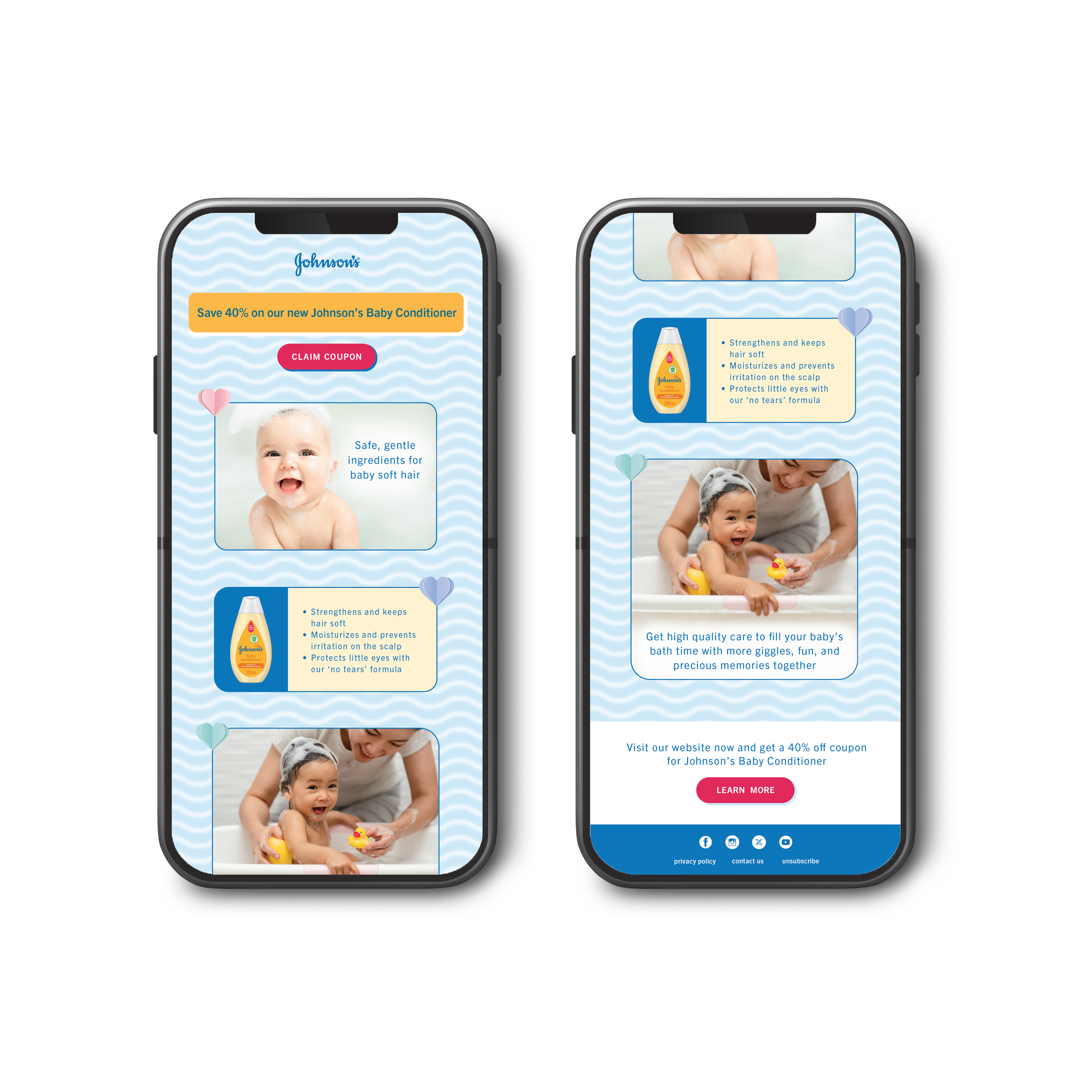 2 phones display an email for Johnson's baby conditioner. Page background is baby blue with wavy white lines and email contains 2 photos of smiling babies in bathtubs.