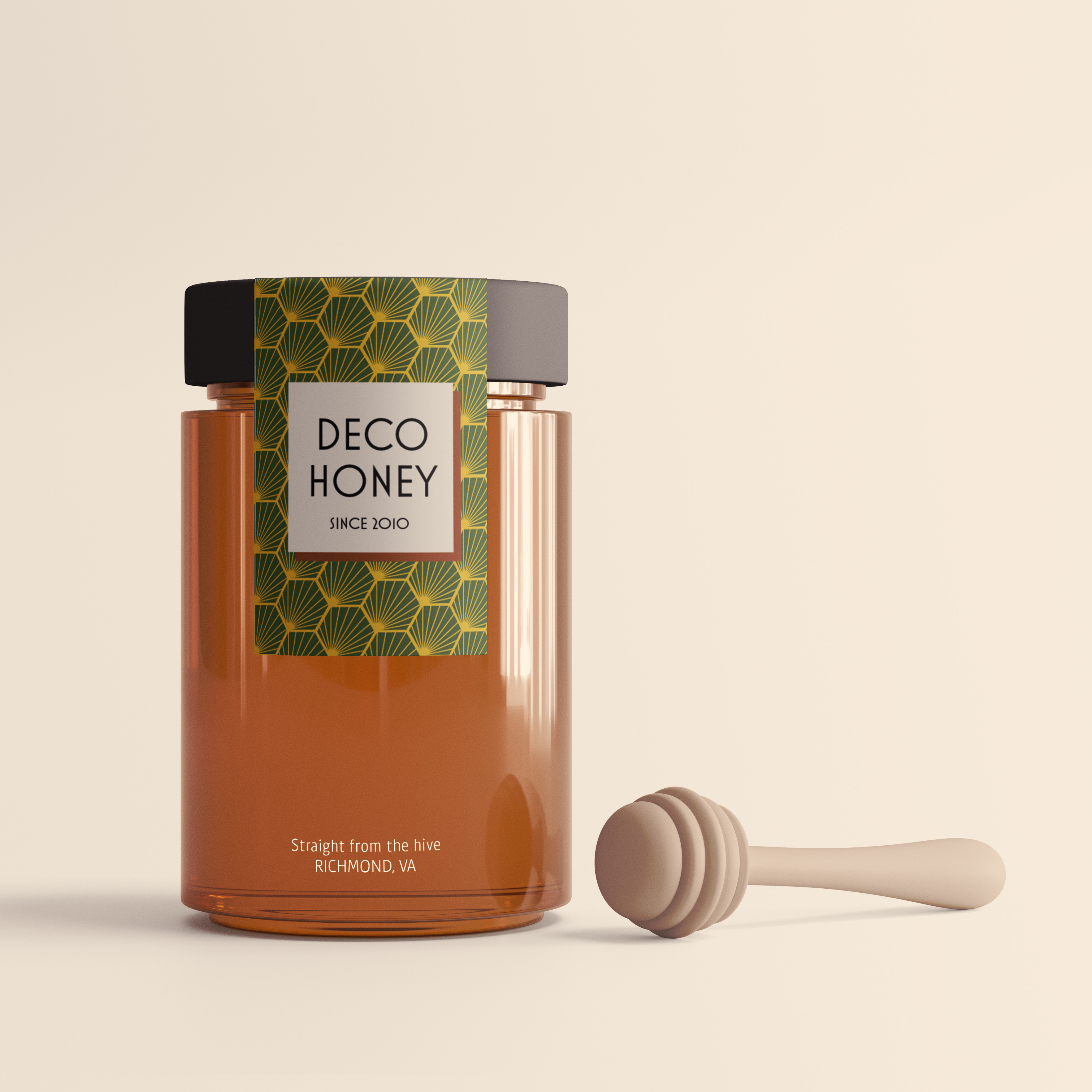 A jar of honey with dark green and yellow art-deco inspired packaging. The label reads 'Deco Honey, since 2010. Straight from the hive, Richmond, VA'.