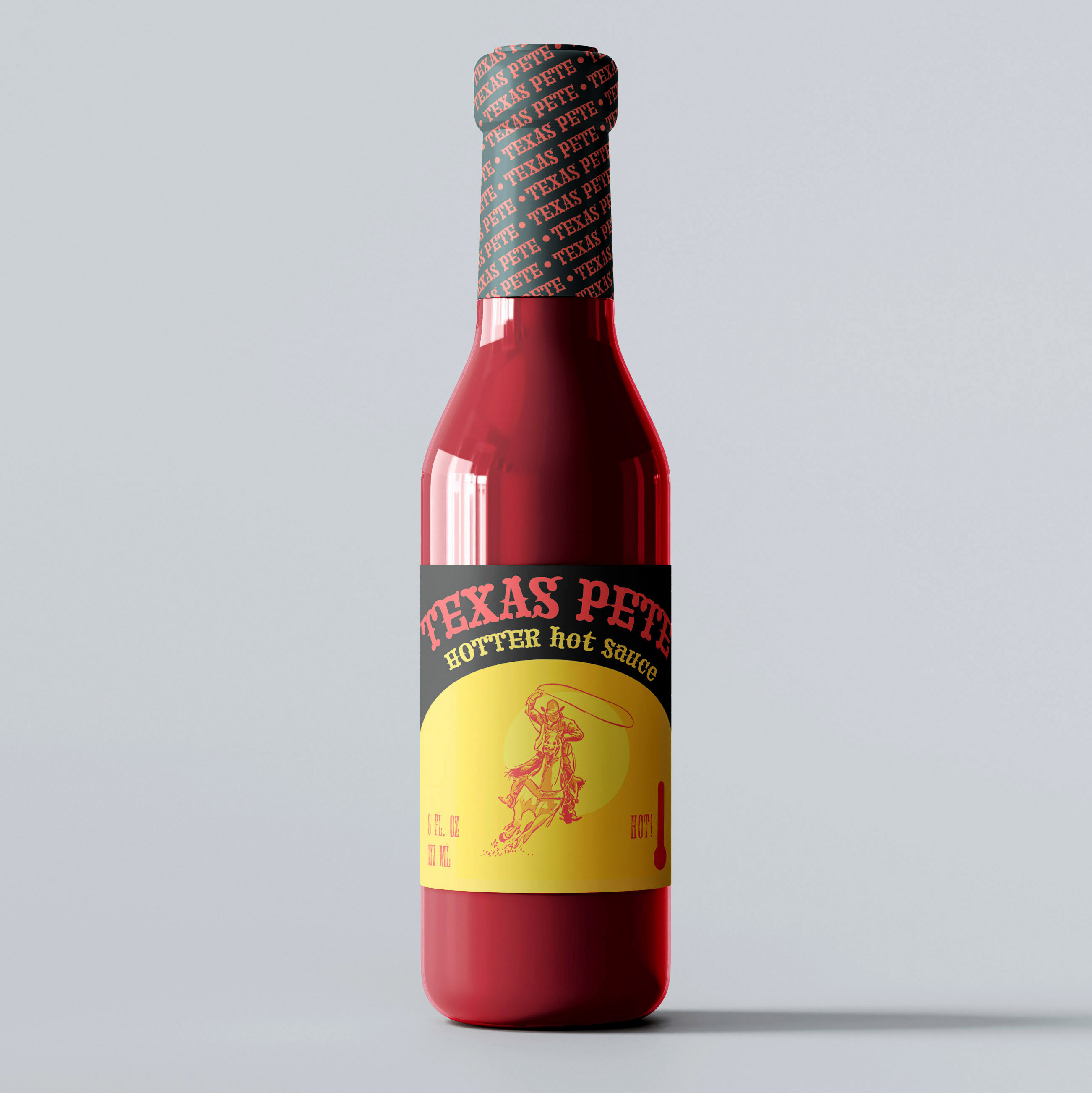 Bottle with rebranded Texas Pete Hot Sauce package design.