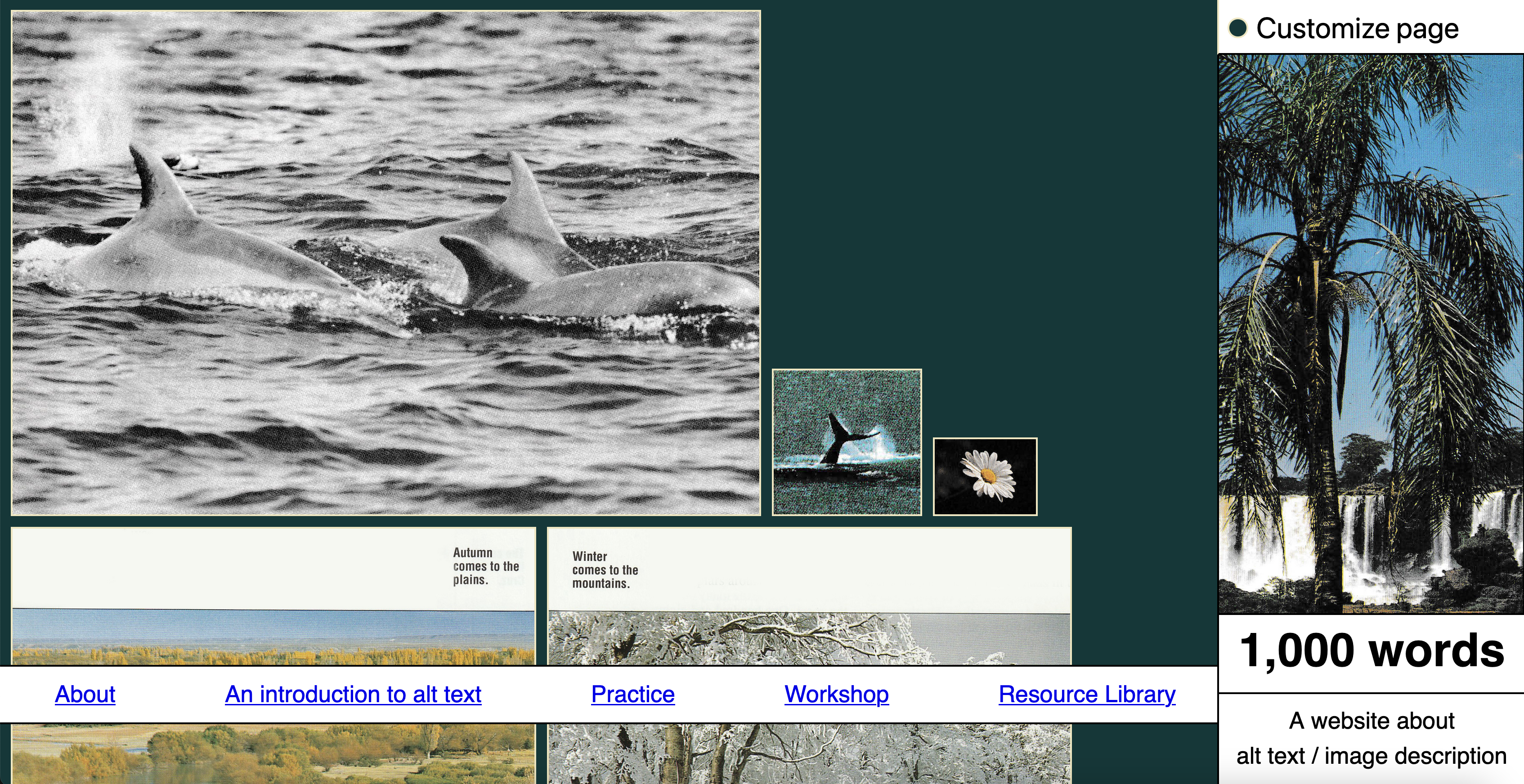 Screenshot of a website. A collage of photos found in magazines are displayed along with the title that reads '1,000 words, a website about alt text / image description'. A menu sits at the bottom of the page.