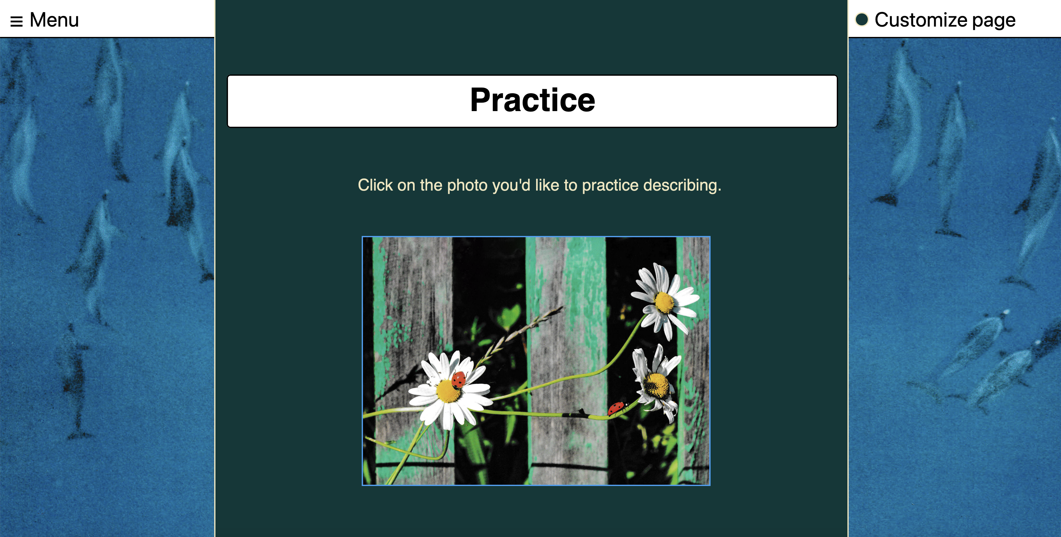 Screenshot - 1,000 words website. Header reads 'Practice'. Below header lay instructions reading 'Click on the photo you'd like to practice describing' and an image lays below this.