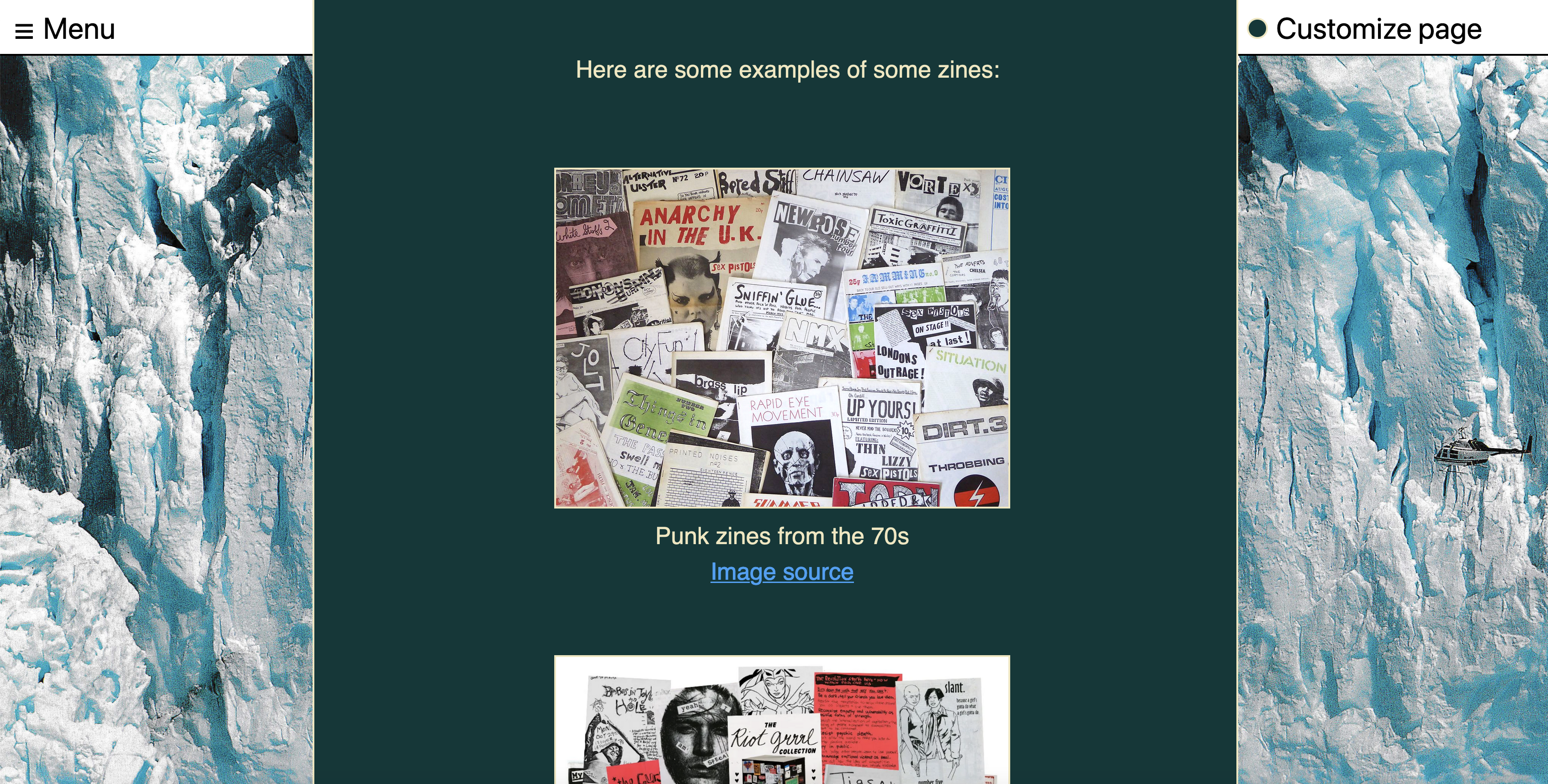 Screenshot - 1,000 words website. There are 2 images of zines from different time periods. Page reads 'Here are some examples of some zines'.