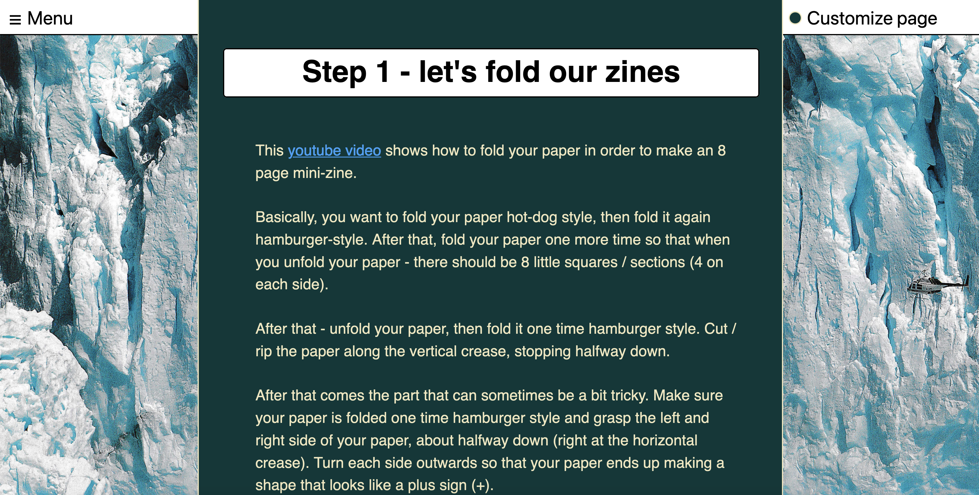 Screenshot - 1,000 words website. Header reads 'Step 1- let's fold our zines'.