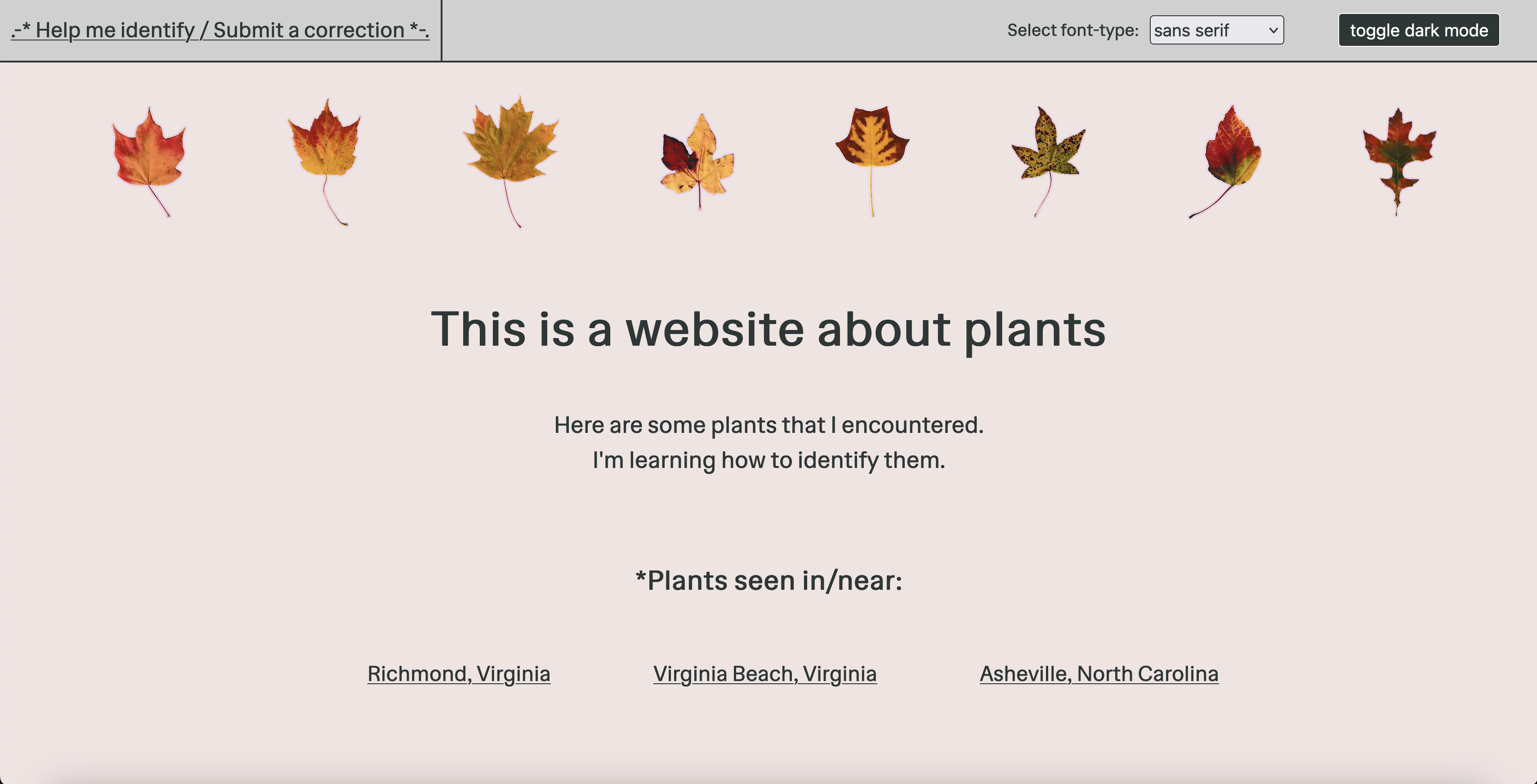 Screenshot. Homepage of Plants website. Page background is pale pink and title reads 'This is a website about plants'. Above this is a row of images of small scans of autumn leaves.