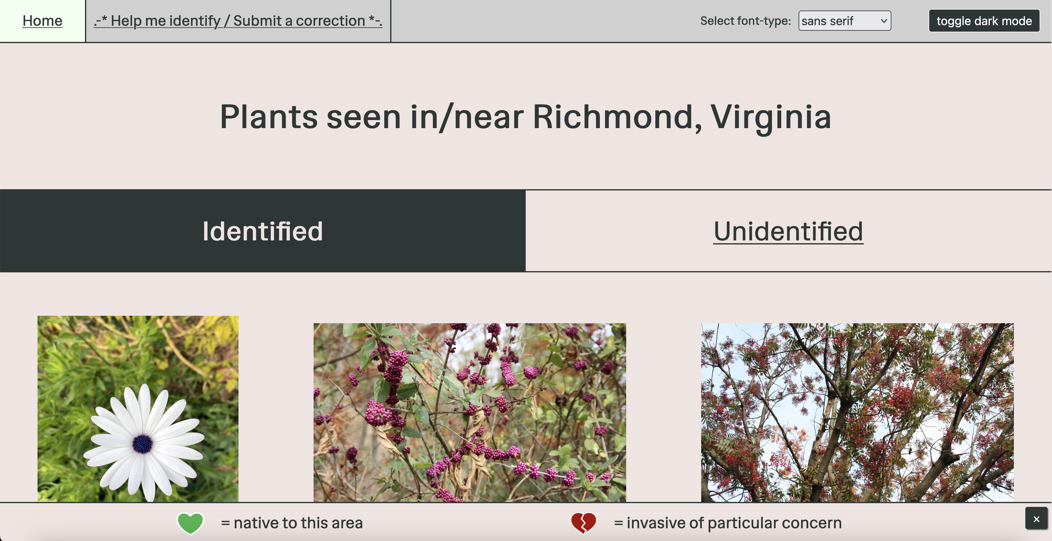 Screenshot of Plants website. Title reads 'Plants seen in/near Richmond, Virginia'. Below title is a gallery of images of plants. Viewer can select between two categories, 'Identified' and 'Unidentified'.